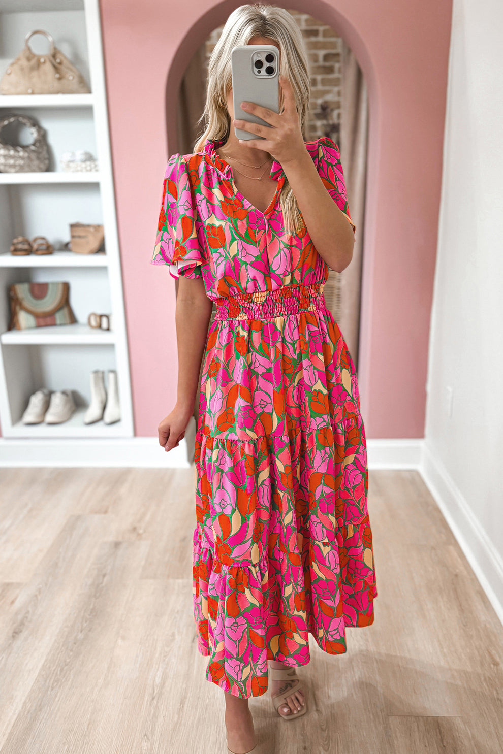 Pamela - Maxi Jurk Met Bloemenprint En Korte Mouwen