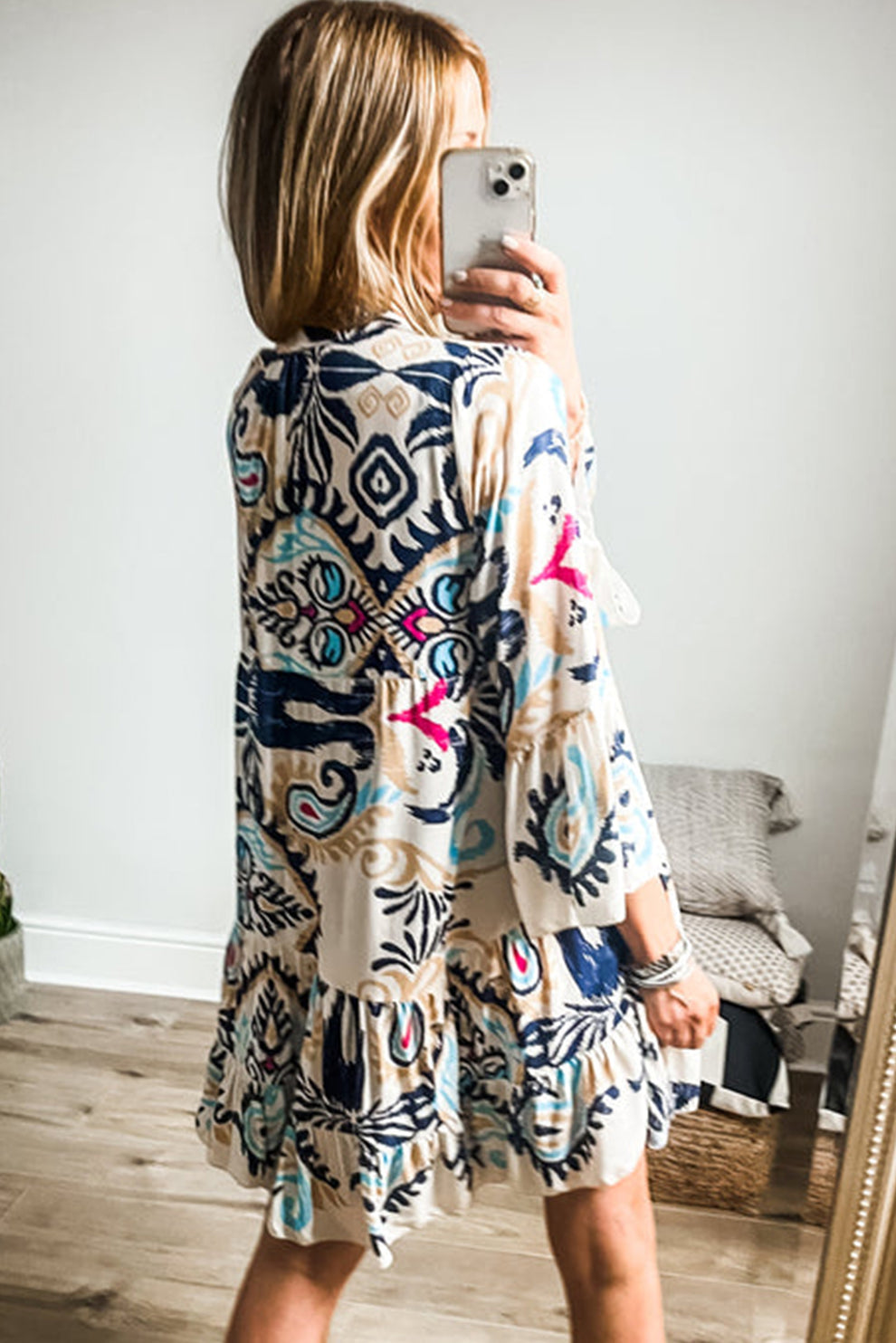 Pandora - Tribal Print Armband Mouw Knoop Mini Jurk