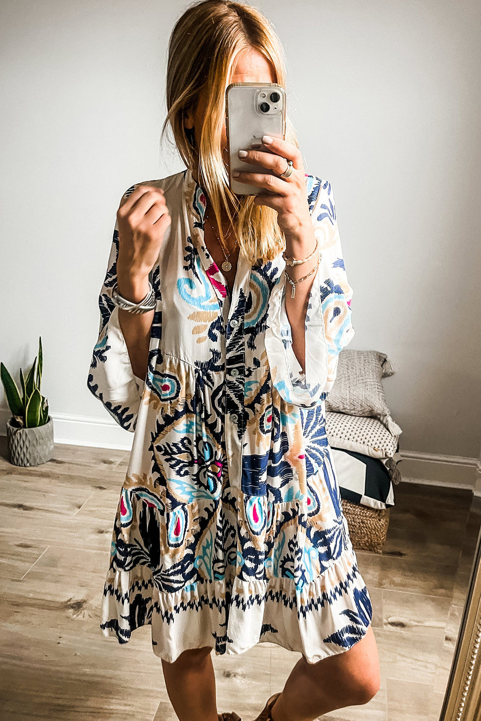 Pandora - Tribal Print Armband Mouw Knoop Mini Jurk