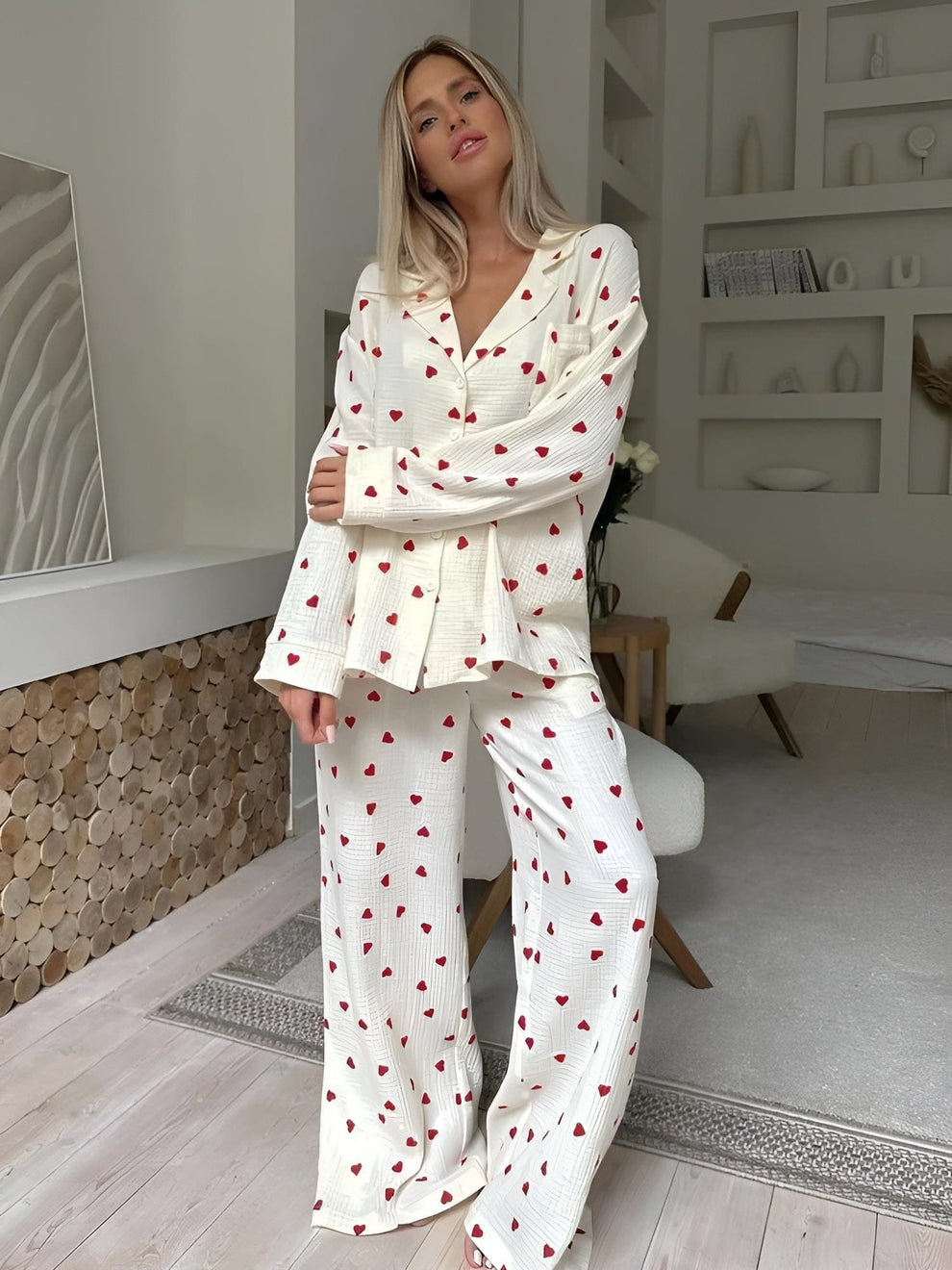 Pyjamaset dames katoen | Comfortabele pyjama met hartjesprint en ademende stof