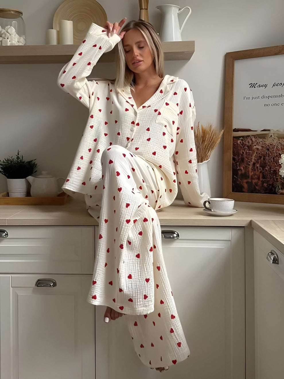 Pyjamaset dames katoen | Comfortabele pyjama met hartjesprint en ademende stof