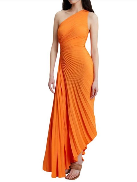 Maxi-jurk Dames – Eénschouder Plisséjurk met Asymmetrische Zoom voor Zomer Elegantie