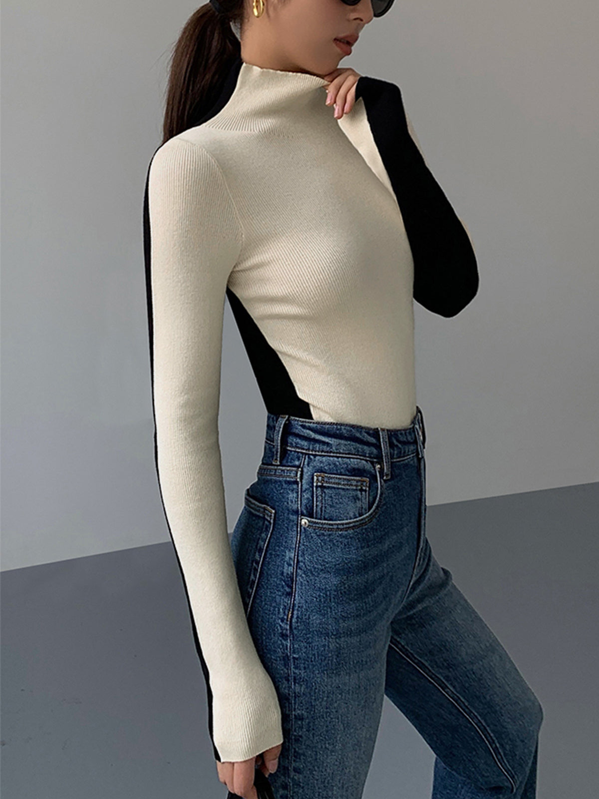 Sienna Gebreide Top | Dames tweekleurige dubbelzijdige top met lange mouwen