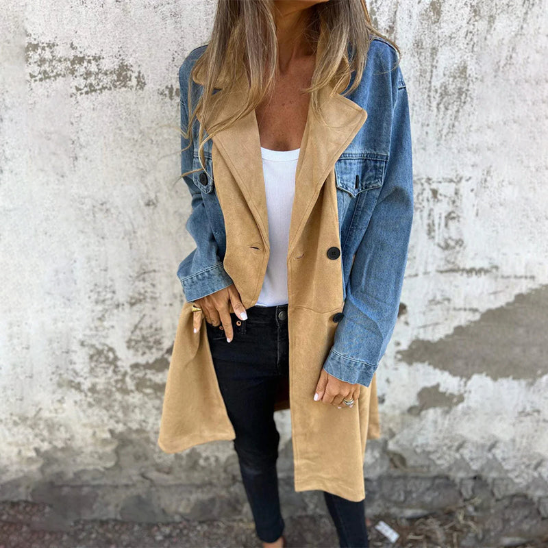 Dames Trenchcoat | Middellange Jas met Denim Stiksels en Elegante Kraag