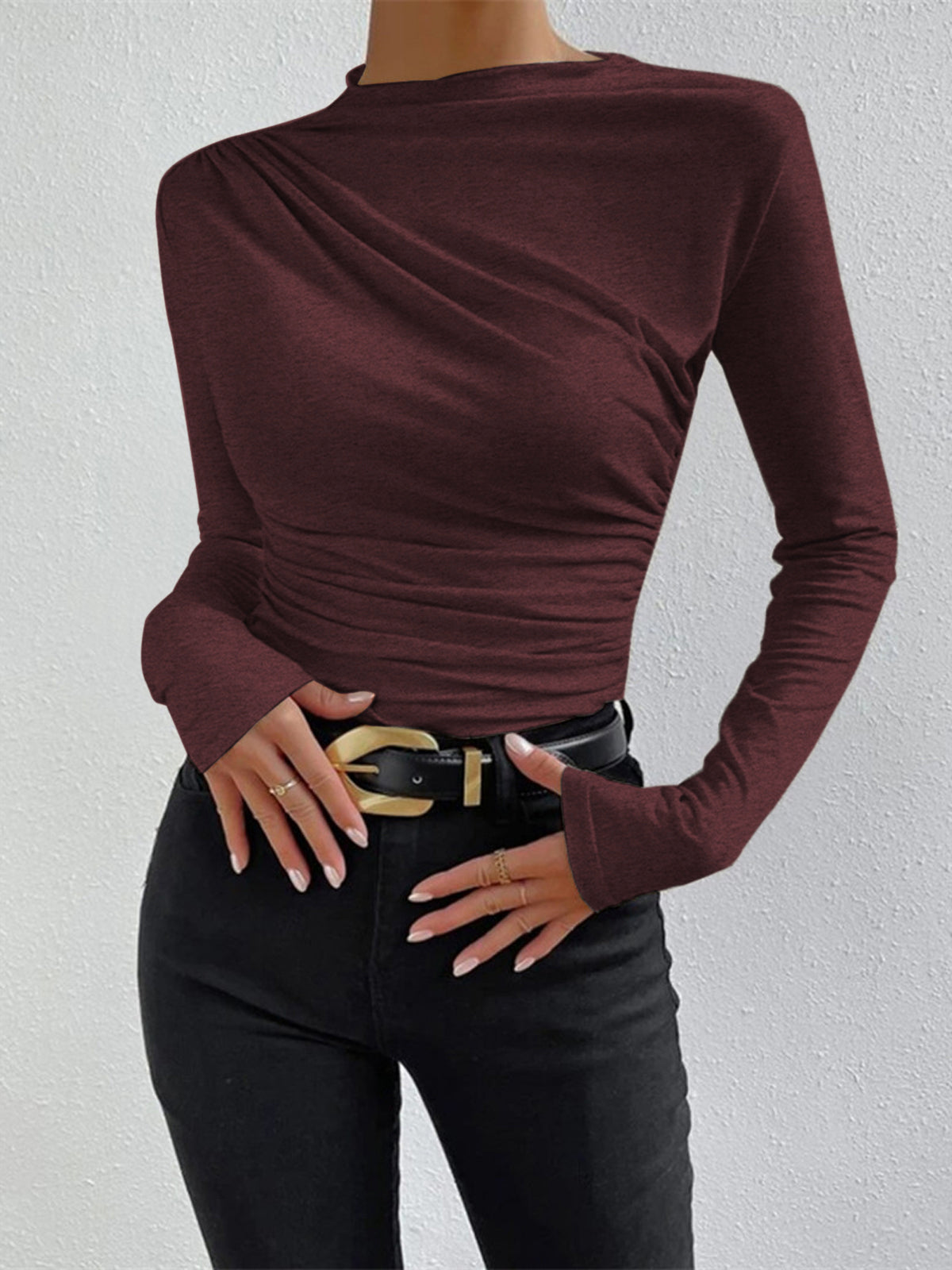 Vivienne Ruching Shirt | Dames lange mouwen top met mock neck en plooidetail