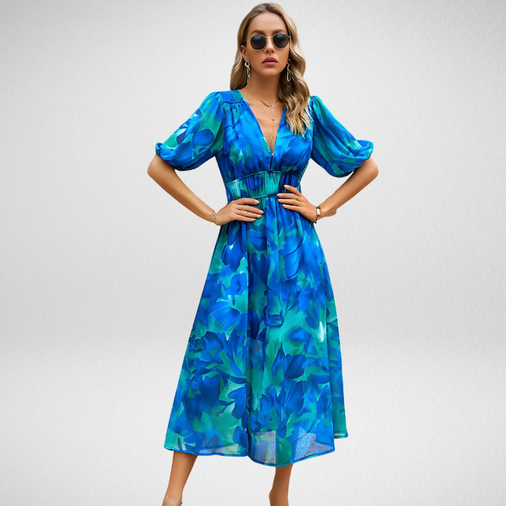 Maxi-Jurk met Abstracte Print | Damesjurk met Pofmouwen en Elastische Taille
