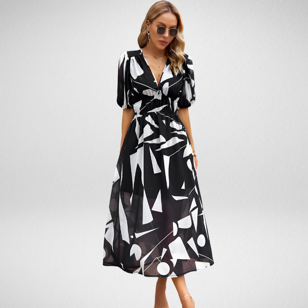 Maxi-Jurk met Abstracte Print | Damesjurk met Pofmouwen en Elastische Taille