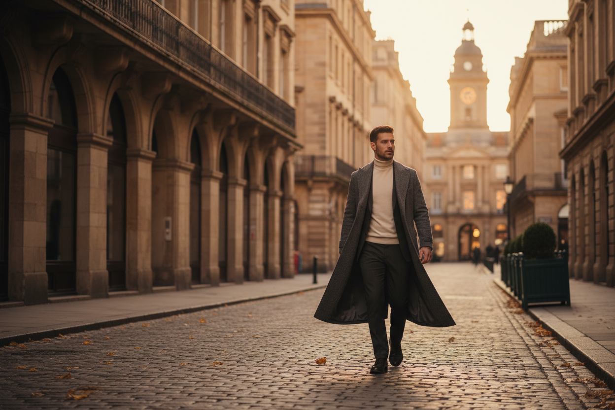 Man in een overjas op een stadsstraat — herenjassen bij Mexie-Mode