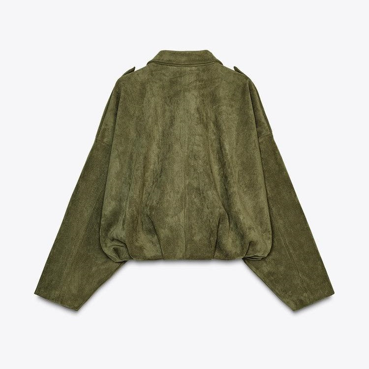Groene suède jas dames | Kort herfstjack met reverskraag en loose fit