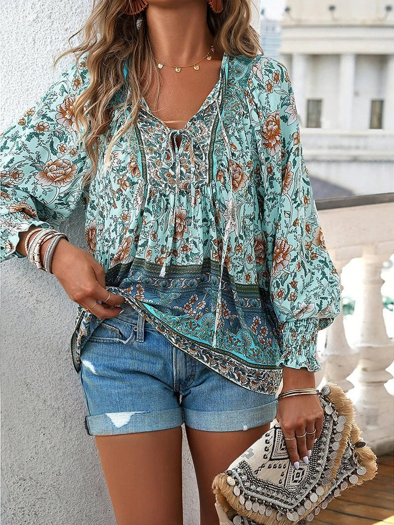 Dames blouse met bloemenprint en boho-stijl – luchtig katoen en verstelbare pasvorm voor zomerse casual outfits