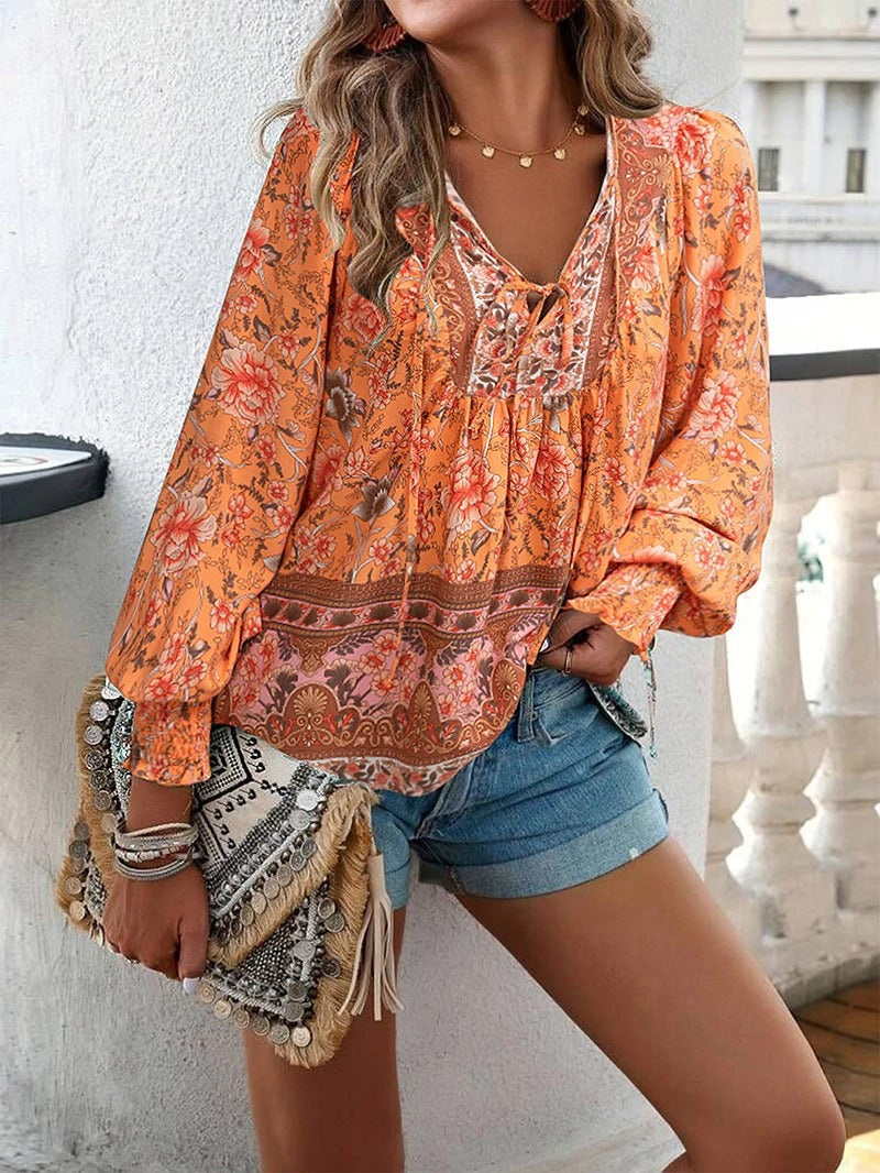 Dames blouse met bloemenprint en boho-stijl – luchtig katoen en verstelbare pasvorm voor zomerse casual outfits