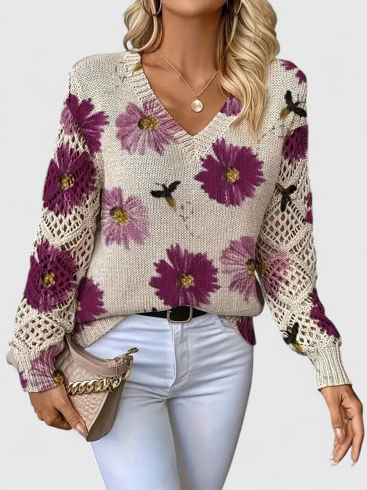 Trui Dames | Luchtige Gebreide Trui met Bloemenprint