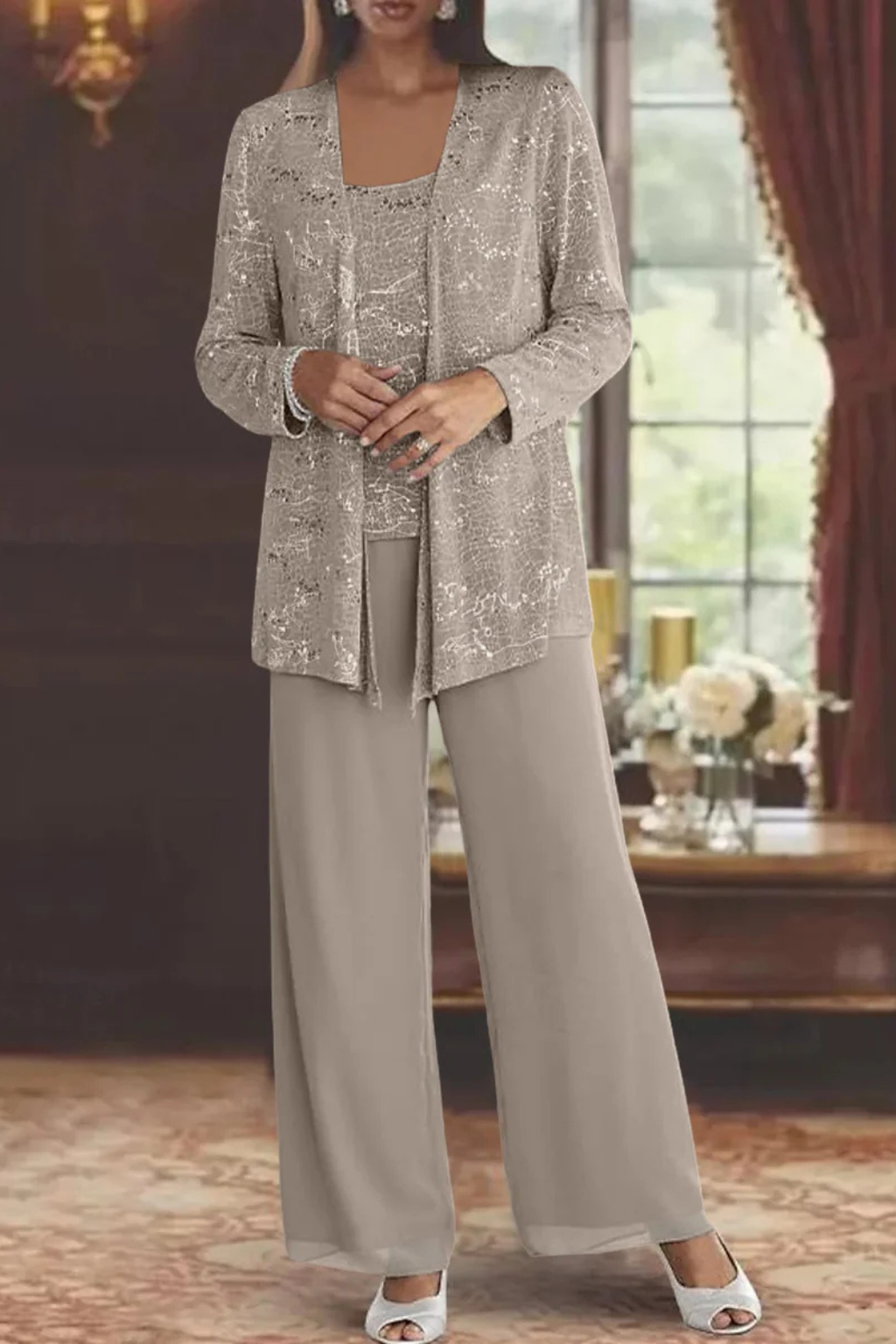 Dames Driedelig Pak met Pailletten en Kant - Wide Leg Broek Gala Outfit