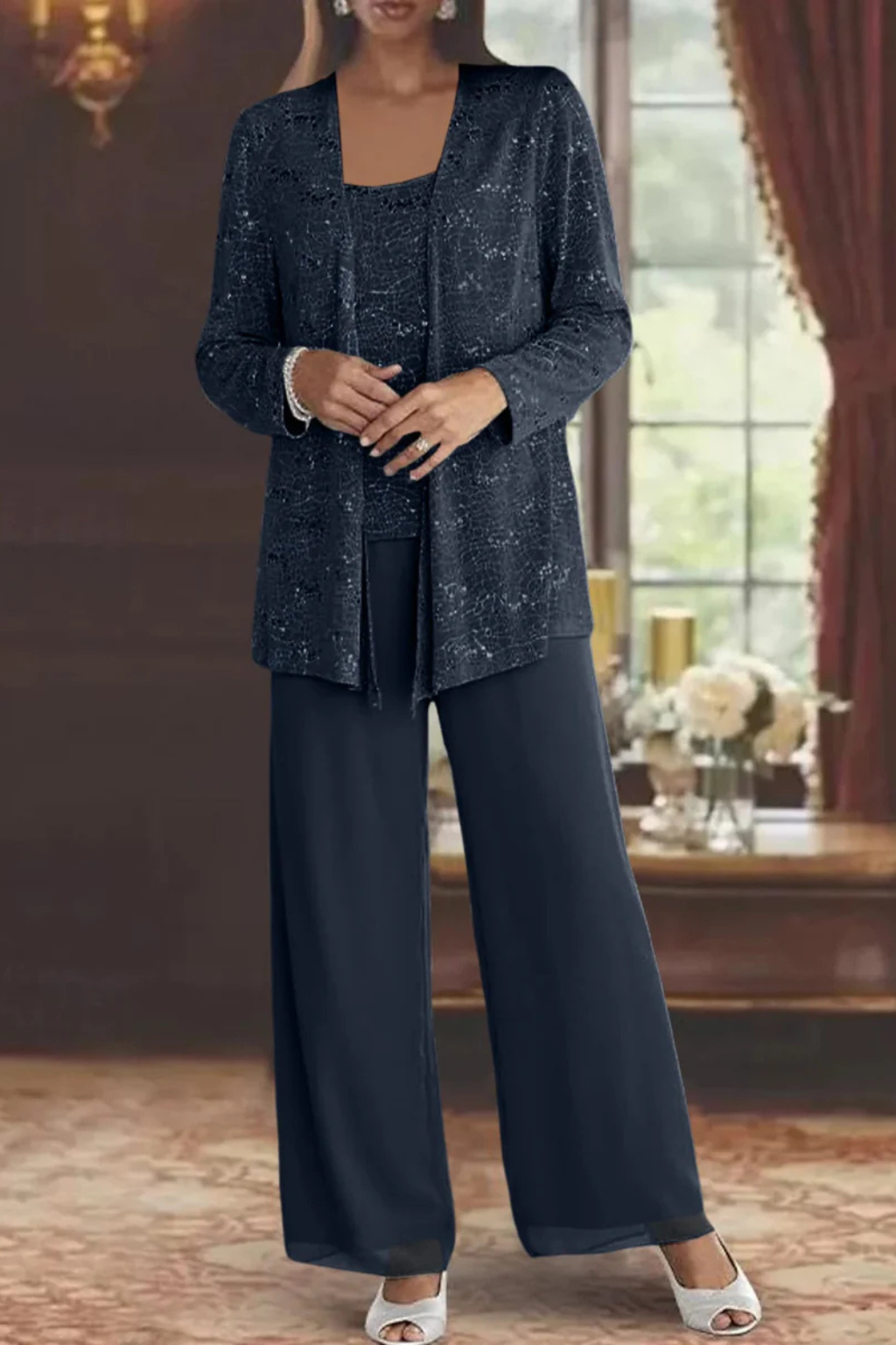 Dames Driedelig Pak met Pailletten en Kant - Wide Leg Broek Gala Outfit