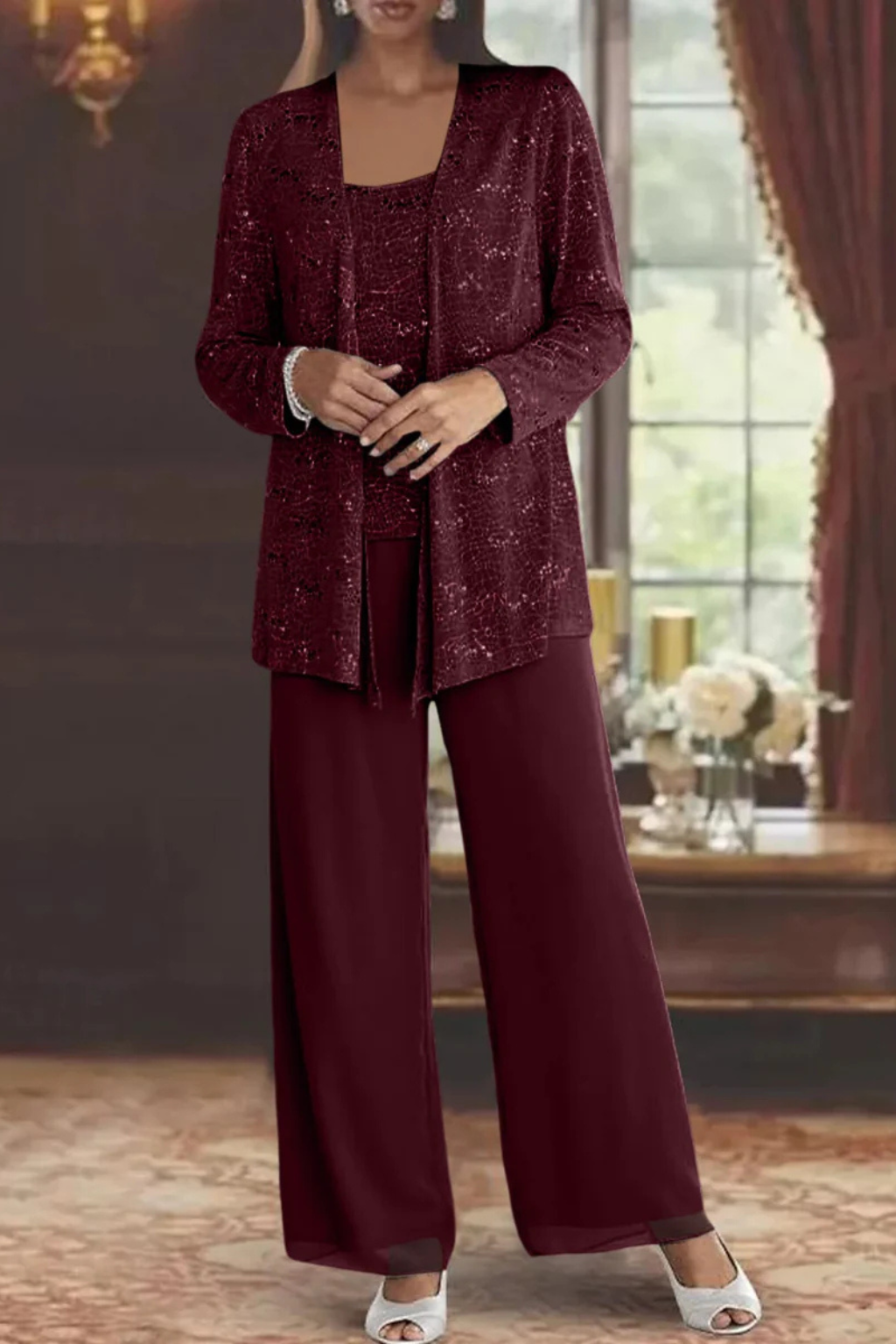 Dames Driedelig Pak met Pailletten en Kant - Wide Leg Broek Gala Outfit