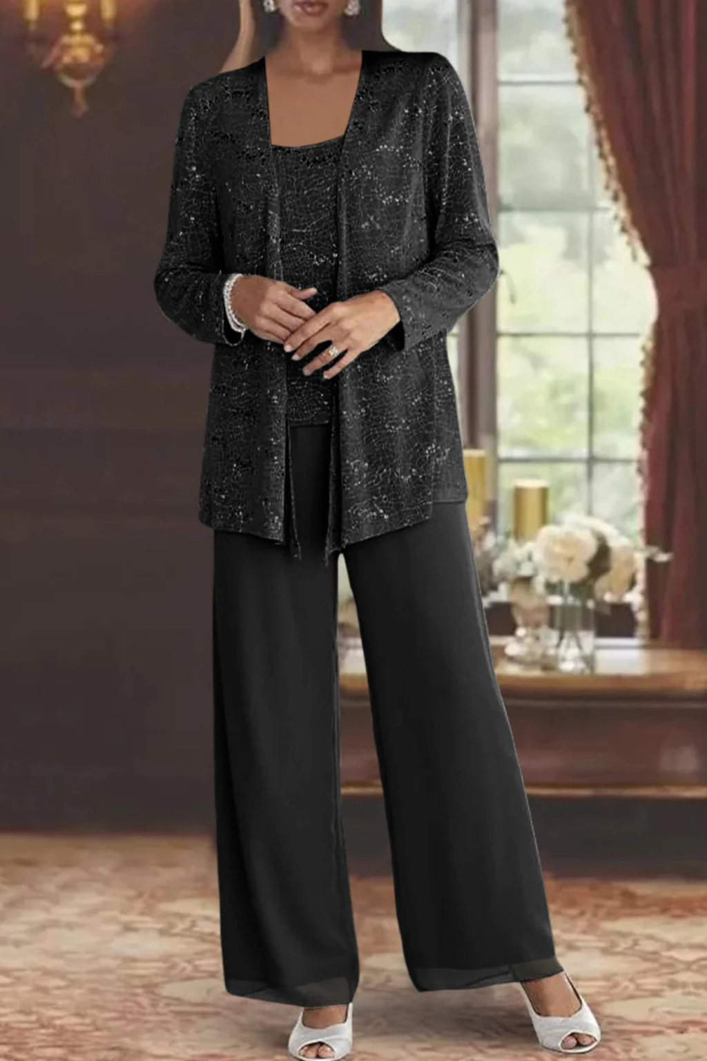 Dames Driedelig Pak met Pailletten en Kant - Wide Leg Broek Gala Outfit
