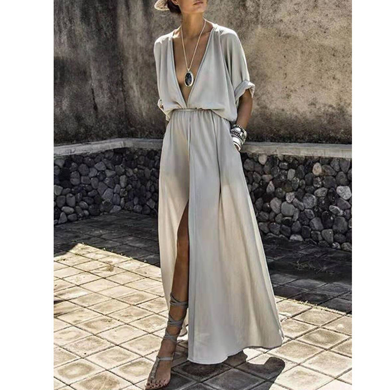 Inge | Dames Maxi Jurk – Relaxte Pasvorm – Diepe V-Hals – Voorsplit – Luchtige Stof