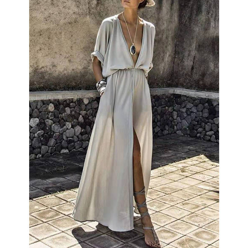Inge | Dames Maxi Jurk – Relaxte Pasvorm – Diepe V-Hals – Voorsplit – Luchtige Stof