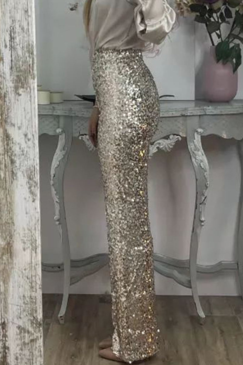 Marinda | Vrouwen Casual Sequined Broek – Hoge Taille, Rechte Pasvorm, Glanzende Details