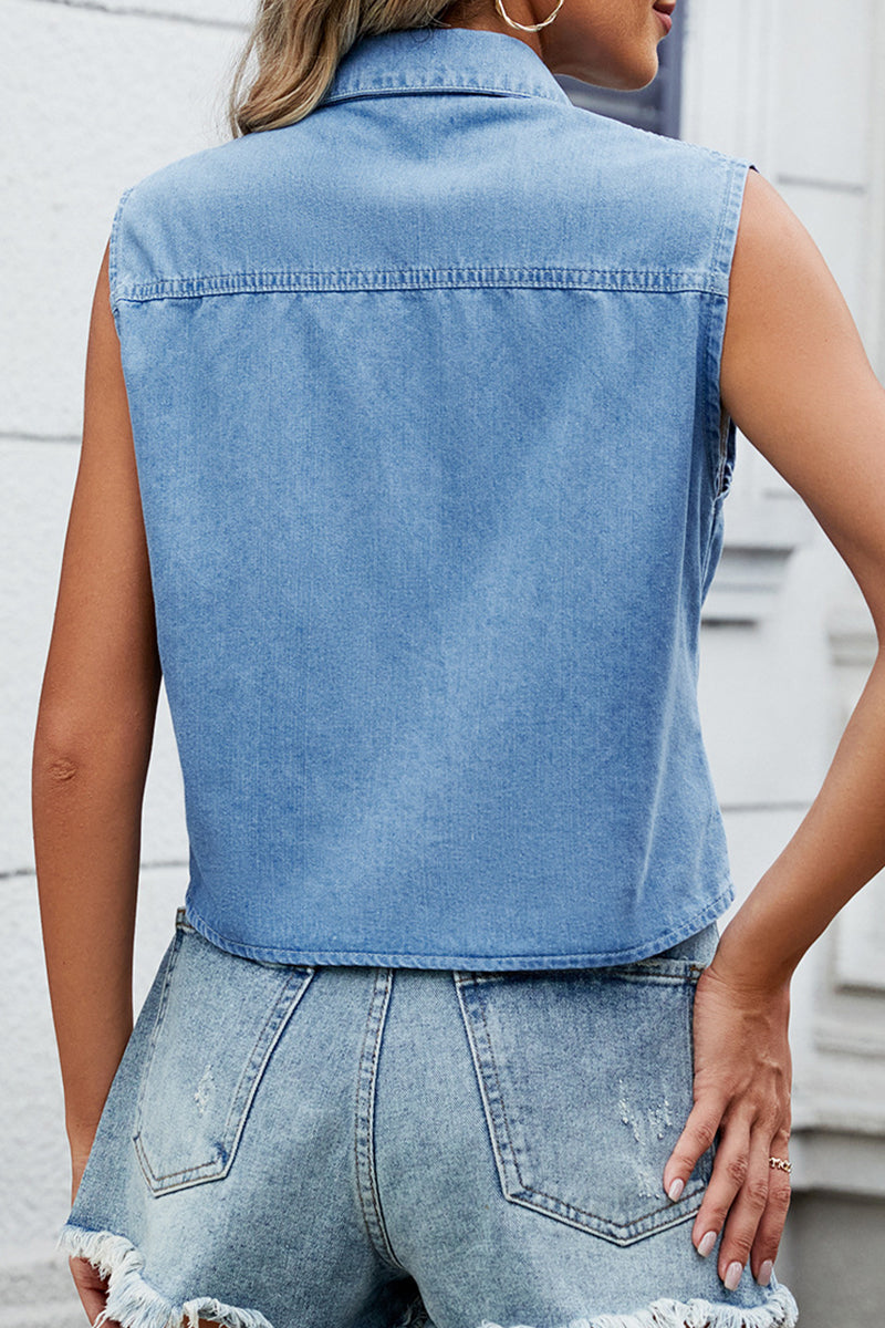 Casual Denim top met effen kleur, vetersluiting, knopen en omgeslagen kraag