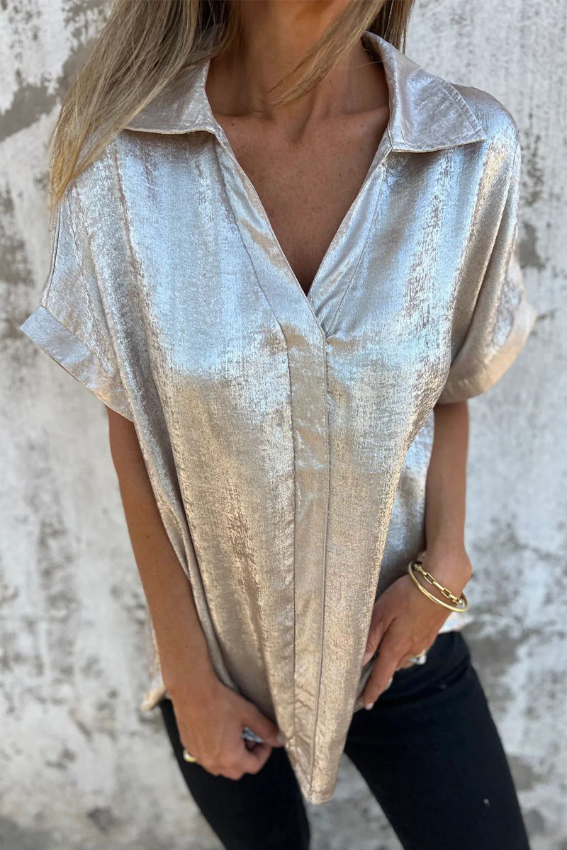 Casual Blouse met Bronzing Patroon | Damesblouse met Patchwork en Omgeslagen Kraag