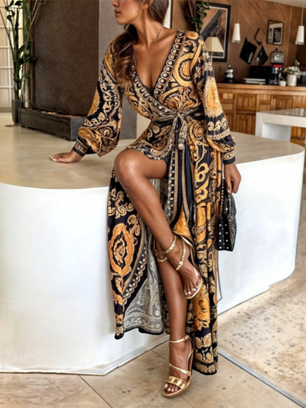 Magda | Dames Maxi Jurk – Boho Stijl – Hoge Split – Gouden Bloemenprint