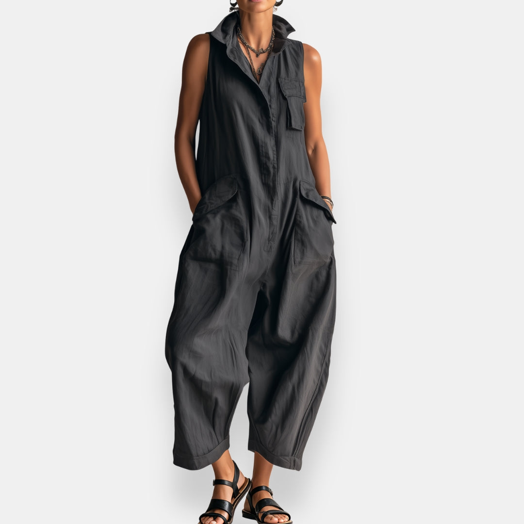 Dames Cargo Jumpsuit Zonder Mouwen met Verfijnde Kraag