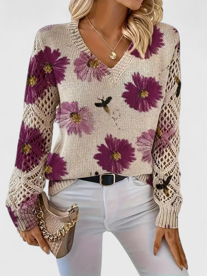 Trui Dames | Luchtige Gebreide Trui met Bloemenprint