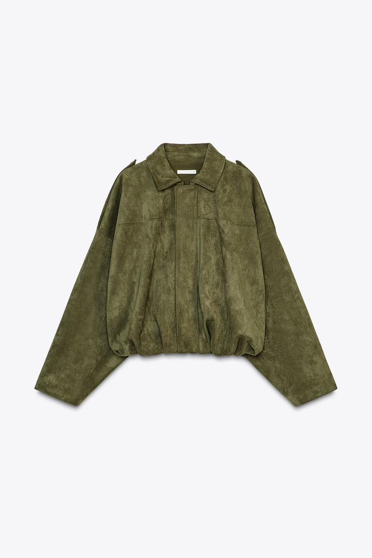 Groene suède jas dames | Kort herfstjack met reverskraag en loose fit