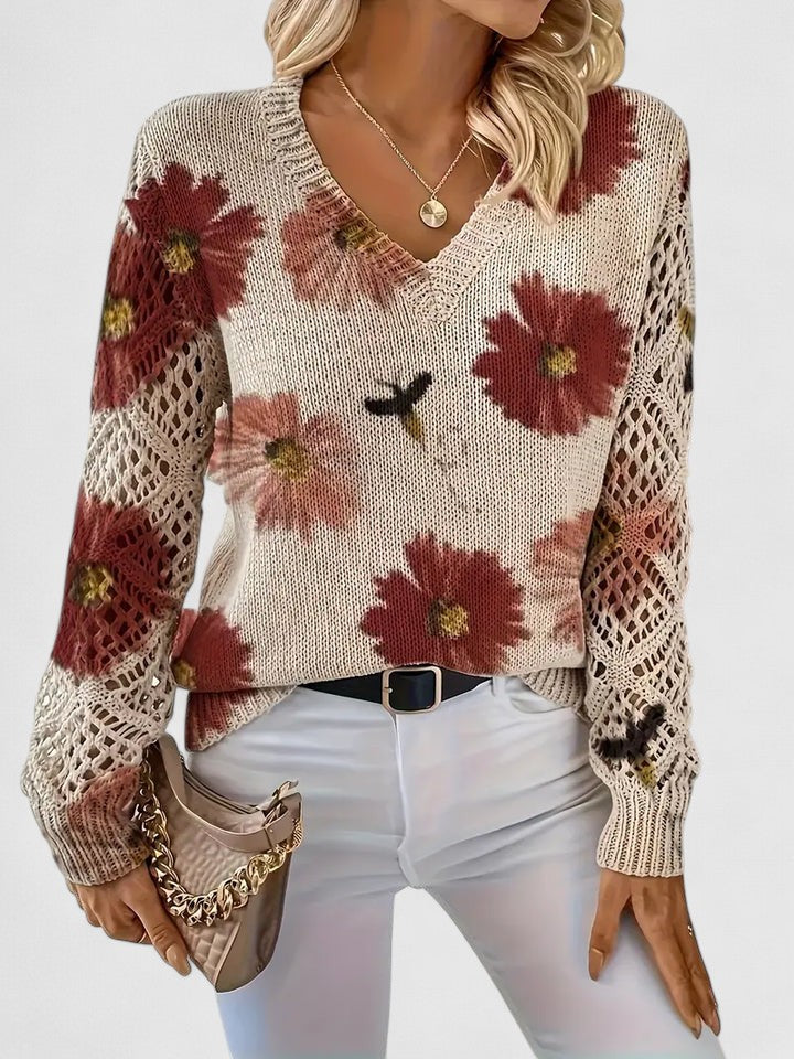 Trui Dames | Luchtige Gebreide Trui met Bloemenprint