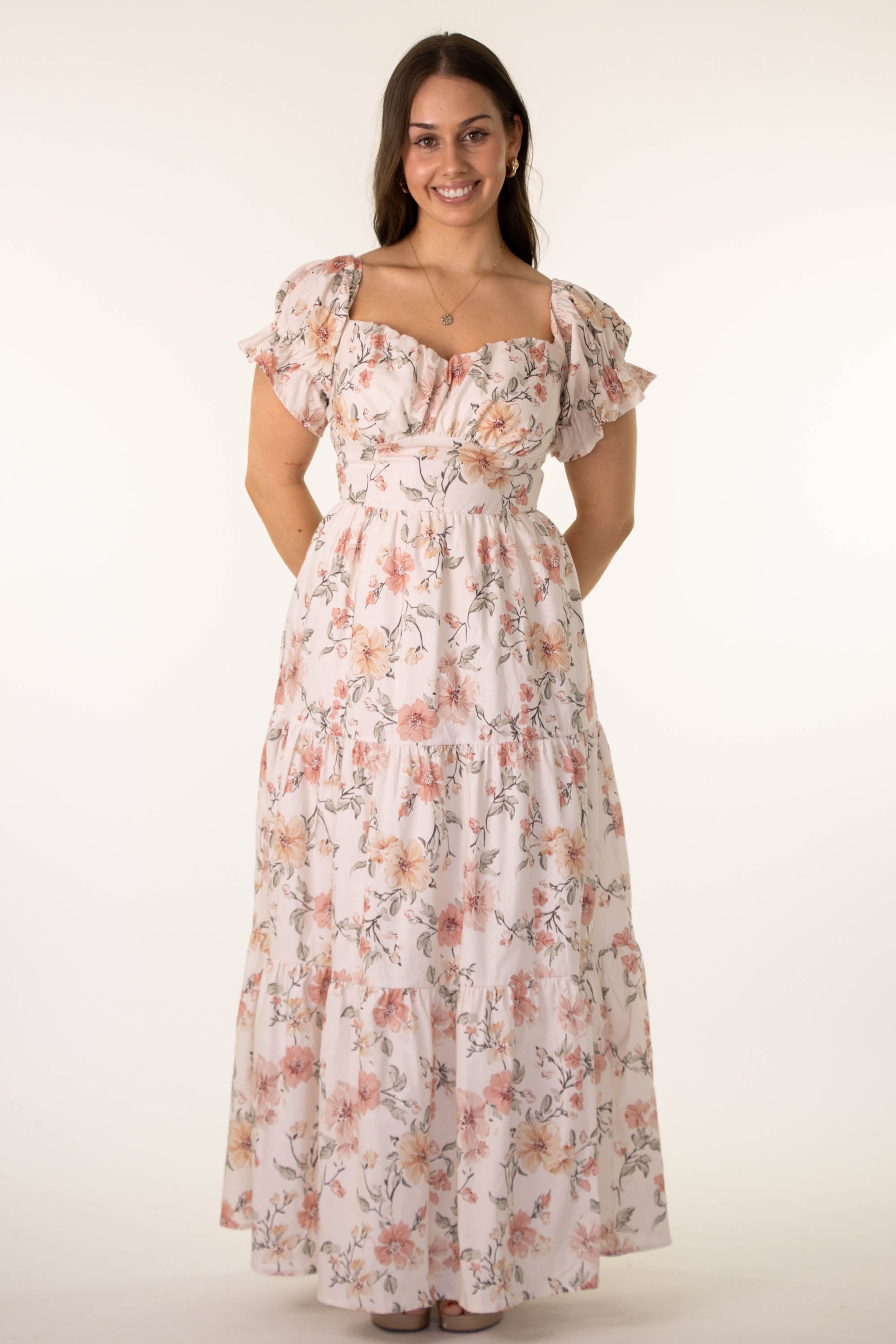 Emilienne | Dames Midi-jurk met Puffmouwen – Zomers Stralend Bloemendesign