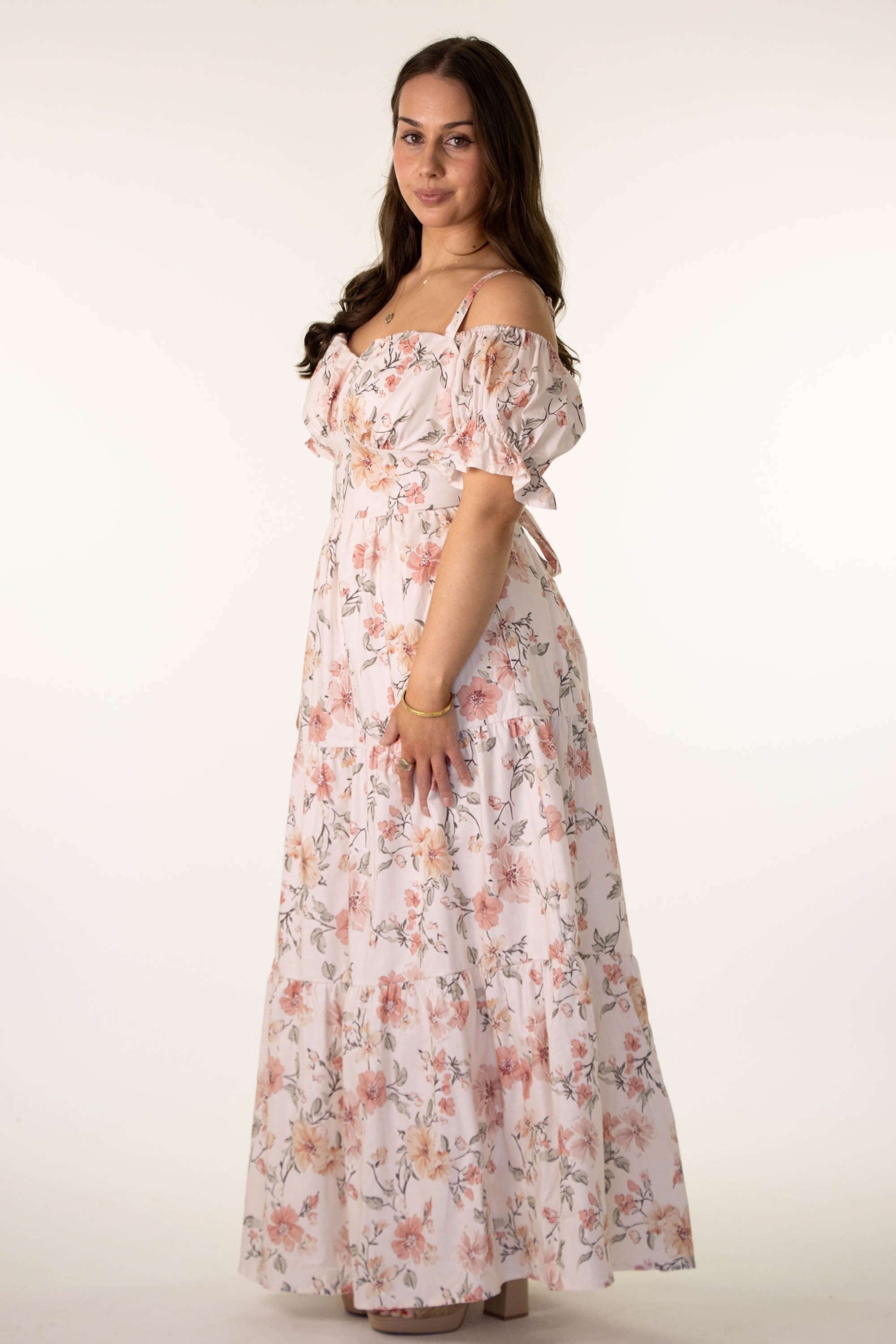 Emilienne | Dames Midi-jurk met Puffmouwen – Zomers Stralend Bloemendesign