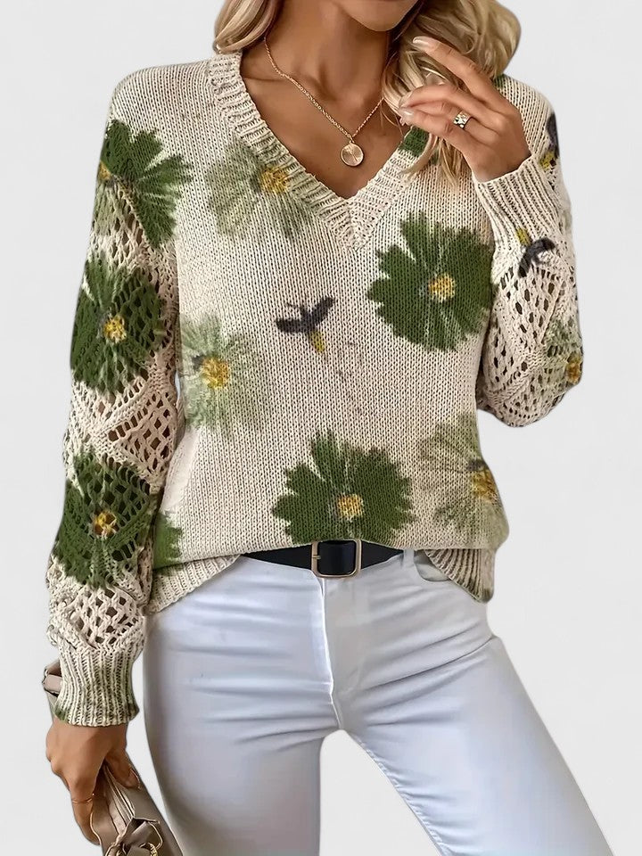Trui Dames | Luchtige Gebreide Trui met Bloemenprint