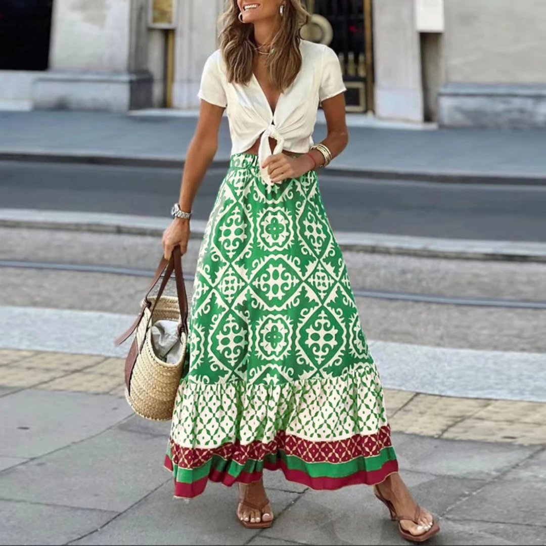 Juliette | Dames maxirok – A-lijn met geometrisch patroon en rucheszoom van comfortabele vezelmix