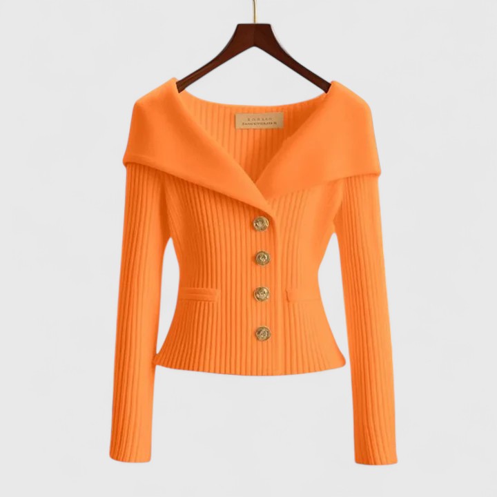 Dames herfsttrui met off-shoulder kraag en gouden knopen – zacht &amp; elegant