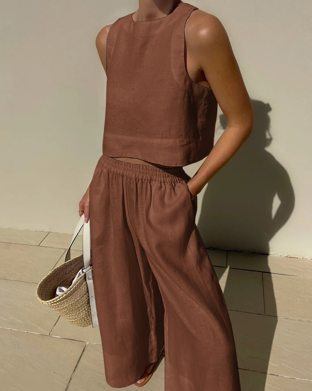 Alieke | Dames Set van Katoen-Linnen met Crop Top en High-Waist Broek – Luchtig & Tijdloos voor de Zomer
