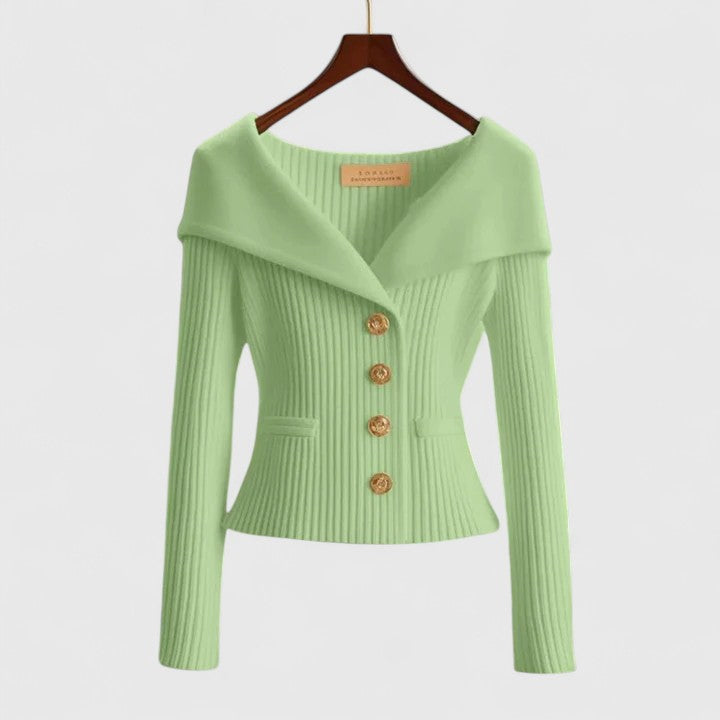 Dames herfsttrui met off-shoulder kraag en gouden knopen – zacht &amp; elegant