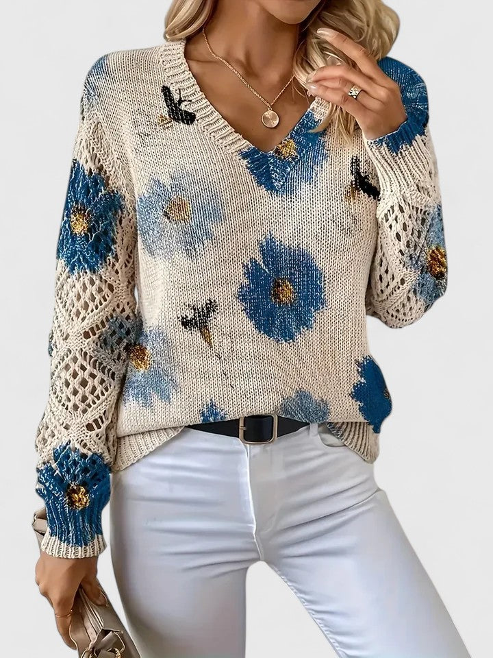 Trui Dames | Luchtige Gebreide Trui met Bloemenprint