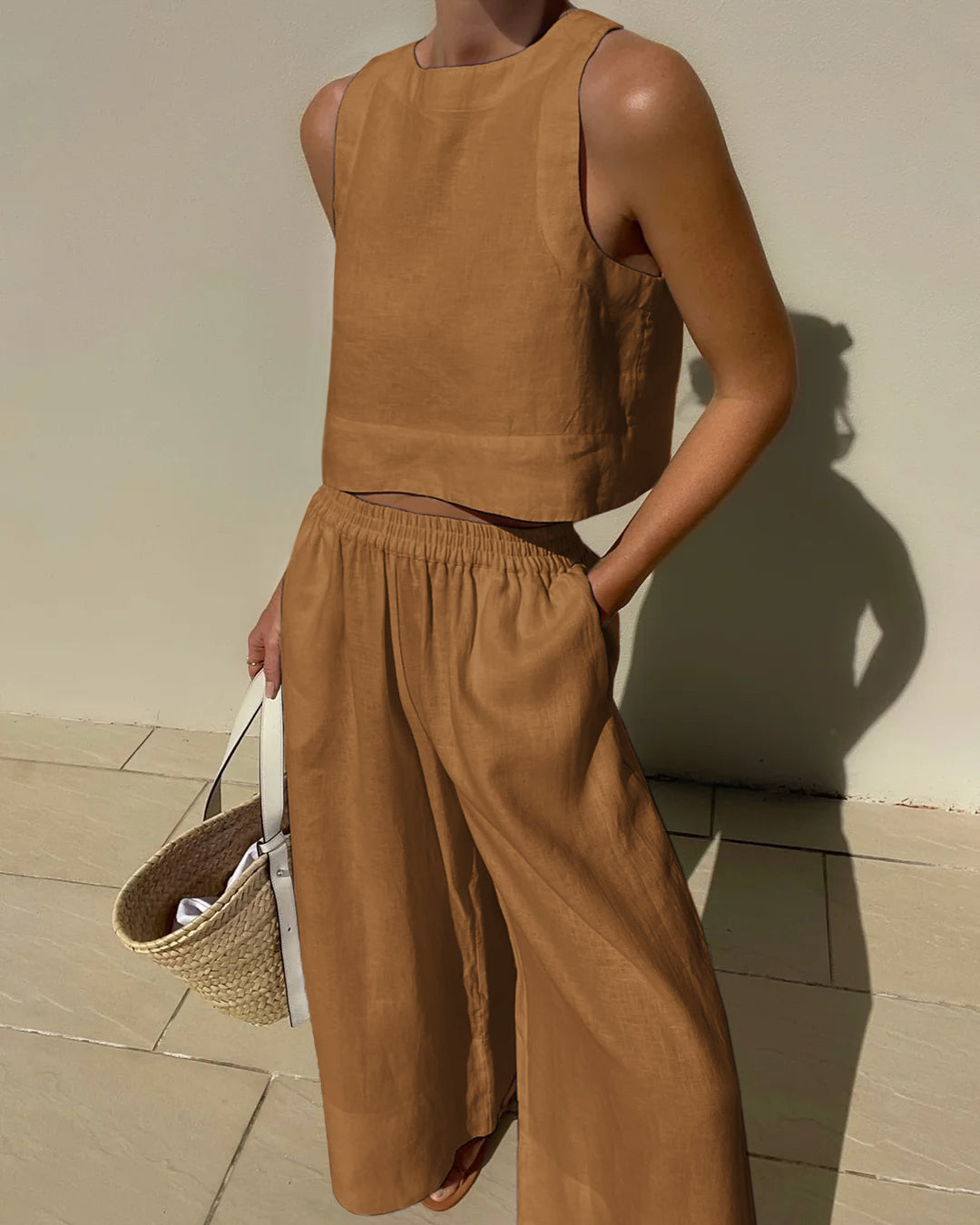 Alieke | Dames Set van Katoen-Linnen met Crop Top en High-Waist Broek – Luchtig & Tijdloos voor de Zomer