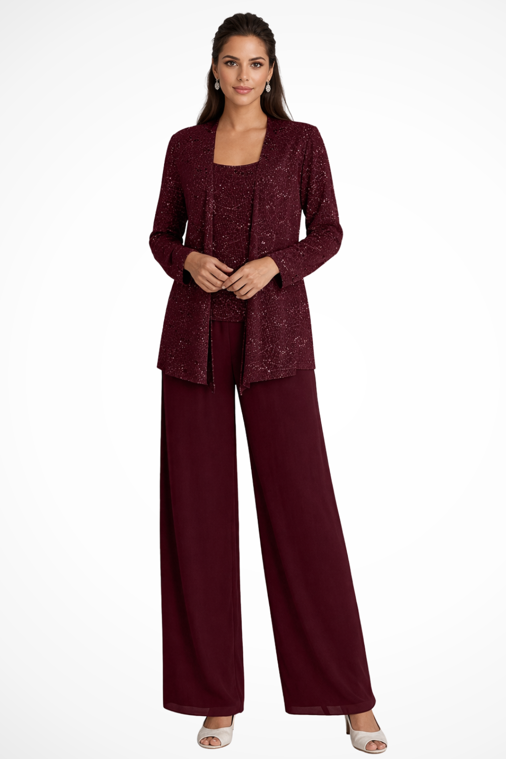 Dames Driedelig Pak met Pailletten en Kant - Wide Leg Broek Gala Outfit