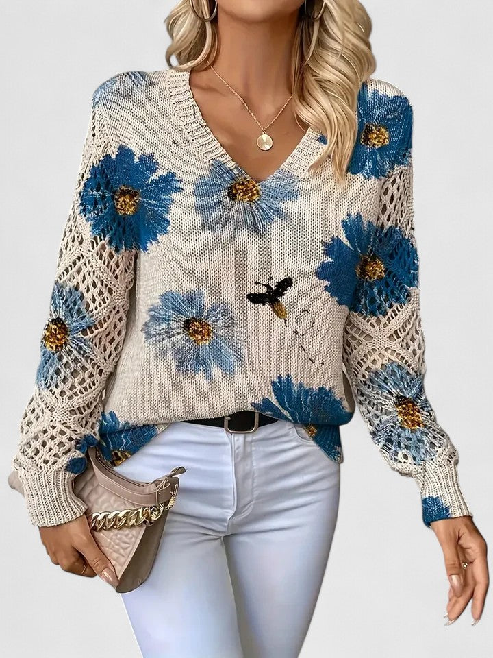 Trui Dames | Luchtige Gebreide Trui met Bloemenprint