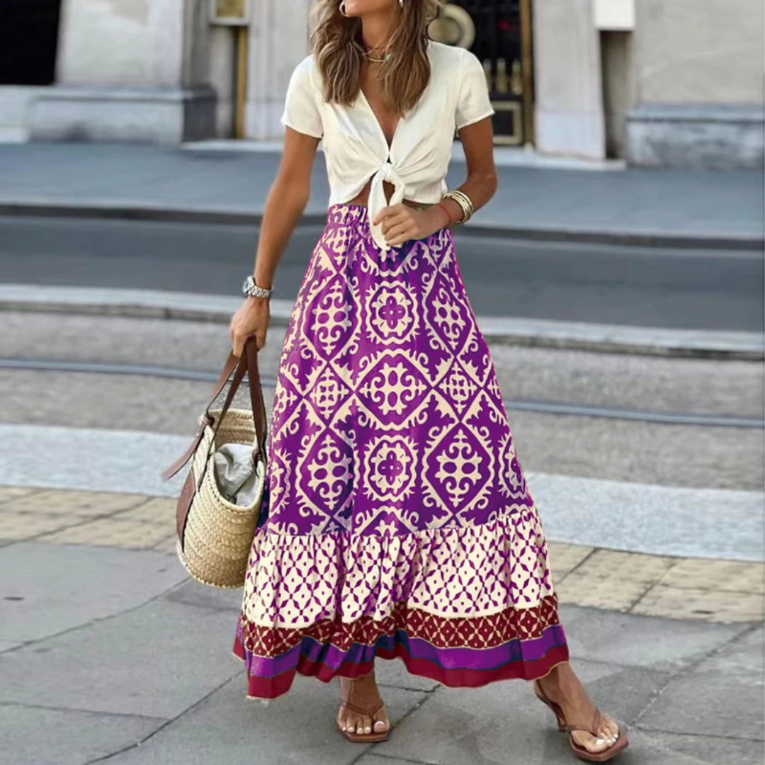 Juliette | Dames maxirok – A-lijn met geometrisch patroon en rucheszoom van comfortabele vezelmix