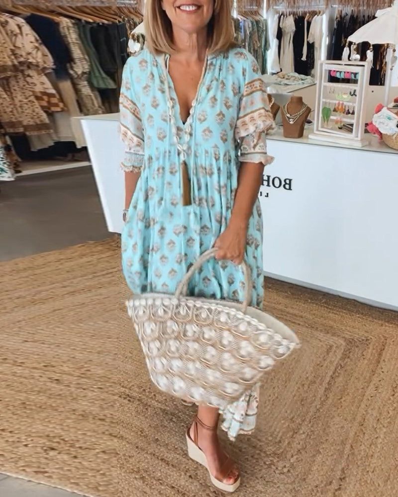 Betje | Dames Maxi Jurk met Boho Print en V-Hals – Flowy Zomerjurk met 3/4 Mouwen