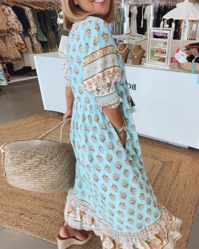 Betje | Dames Maxi Jurk met Boho Print en V-Hals – Flowy Zomerjurk met 3/4 Mouwen