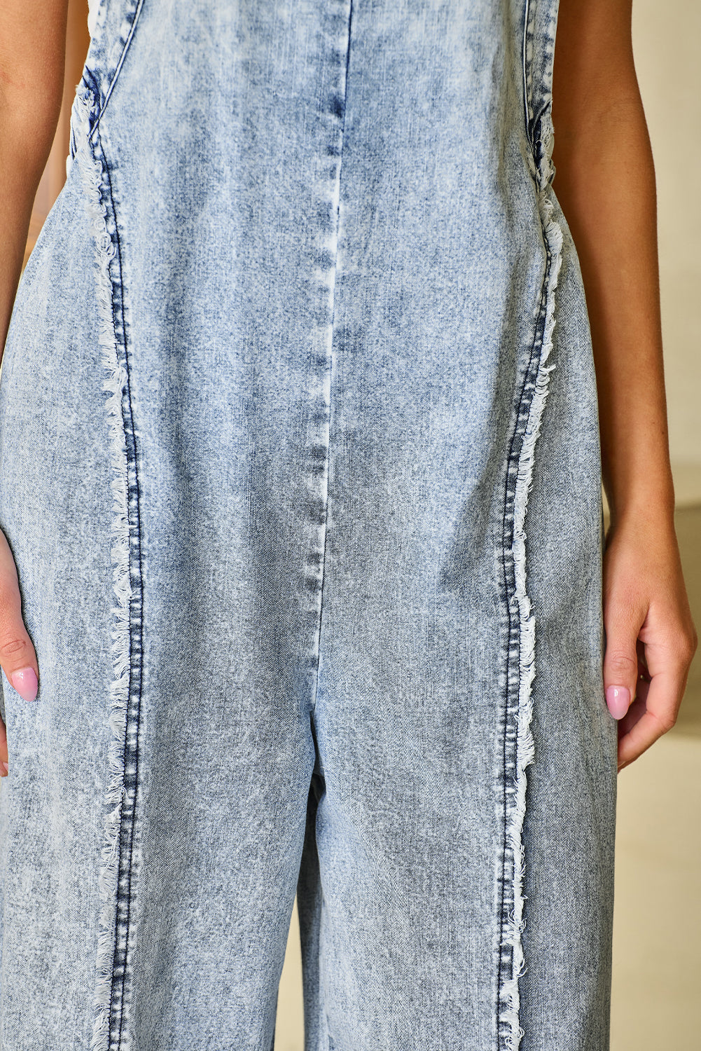 Blauwe denim overall met wijde pijpen
