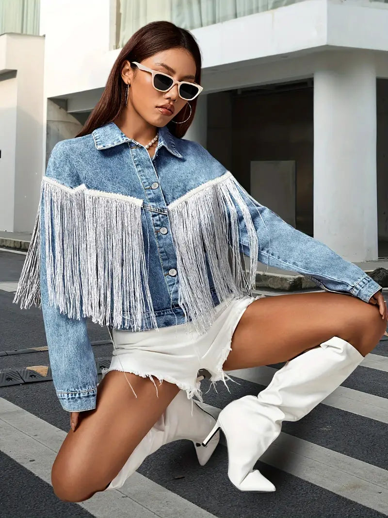 Dames denim jas met franjes – trendy spijkerjack in klassiek blauw en speels design