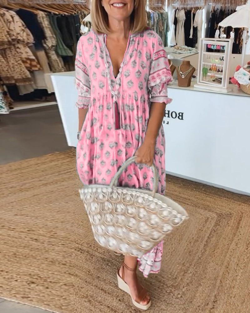 Betje | Dames Maxi Jurk met Boho Print en V-Hals – Flowy Zomerjurk met 3/4 Mouwen