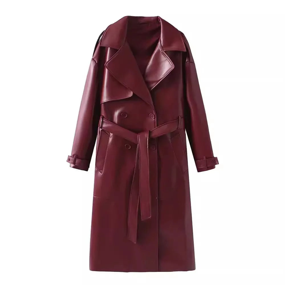 Dames Lange Jas – Bordeauxrode Faux Leather Coat met Retro Silhouet en Tailleceintuu