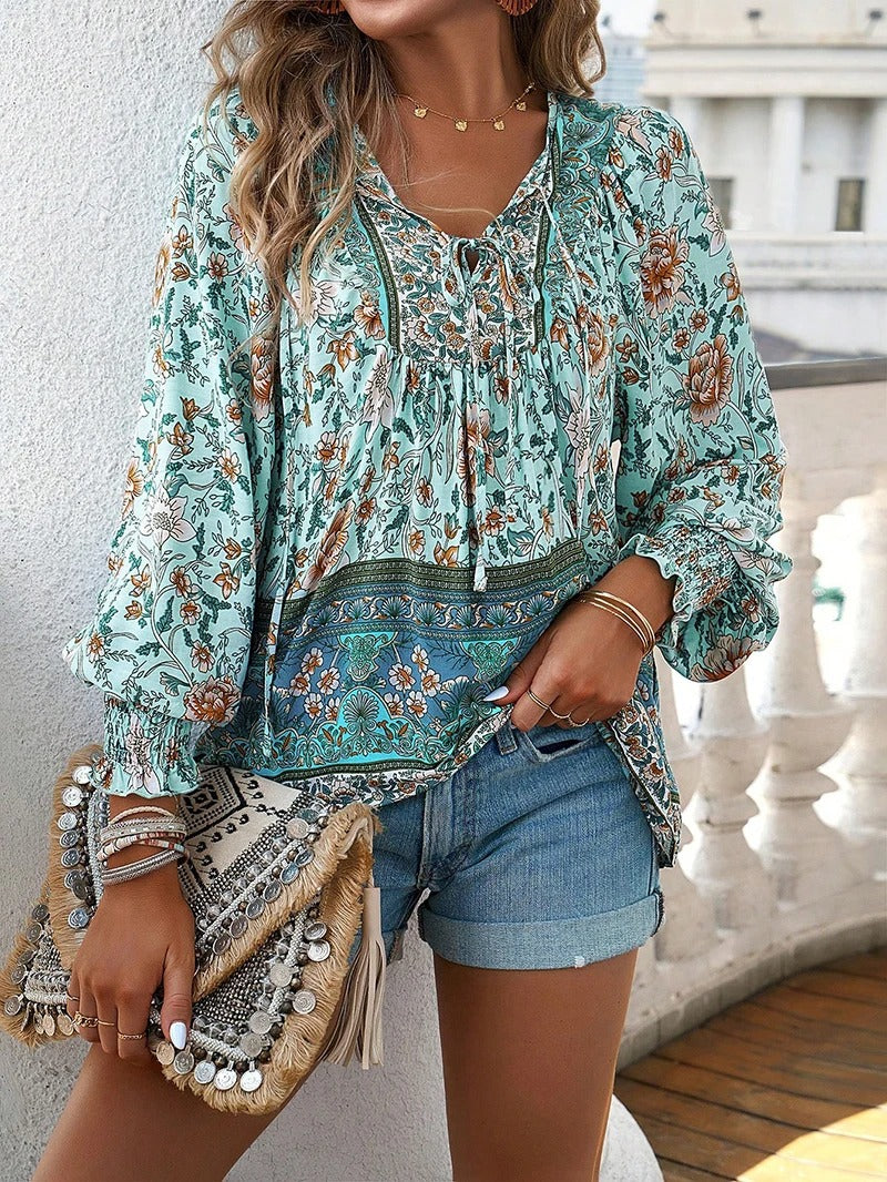 Dames blouse met bloemenprint en boho-stijl – luchtig katoen en verstelbare pasvorm voor zomerse casual outfits