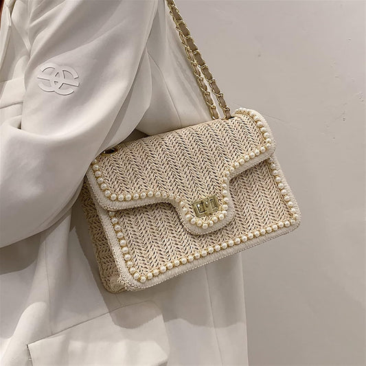 Madelaine | Rieten Handtas met Pareldetail